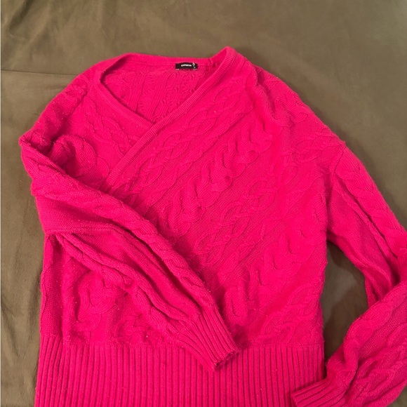 Express Sweaters - Express Fuchsia V-Neck Cable Knit Sweater